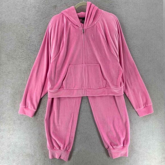 Victorias Secret‎ L TRACKSUIT SET Full-zip Hoodie+jogger pant PINK VELOUR - Picture 1 of 16